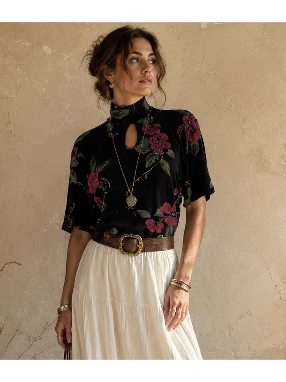 Vintage Susan Lawrence Floral Mock Neck Keyhole Blouse Cottagecore Boho Size XL